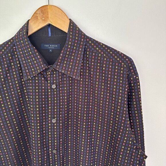 Ted Baker Men’s Multi Colored Small Square Black Long Sleeve Button Down - Picture 3 of 9
